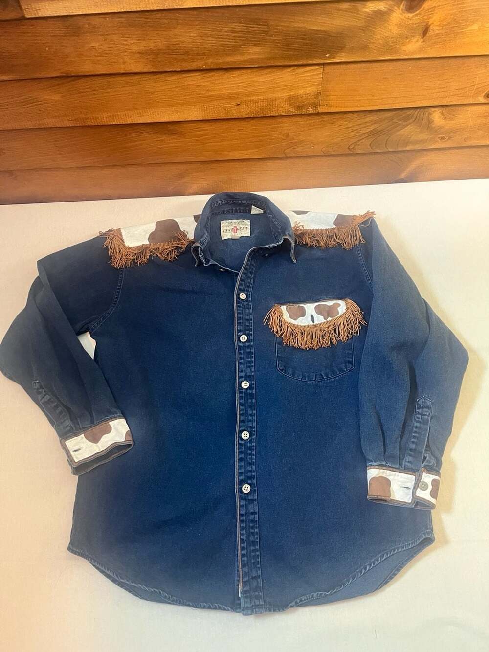 Levi's Red Tab Denim Western Shirt Size M Cow Print Fringe Pocket Maximalist